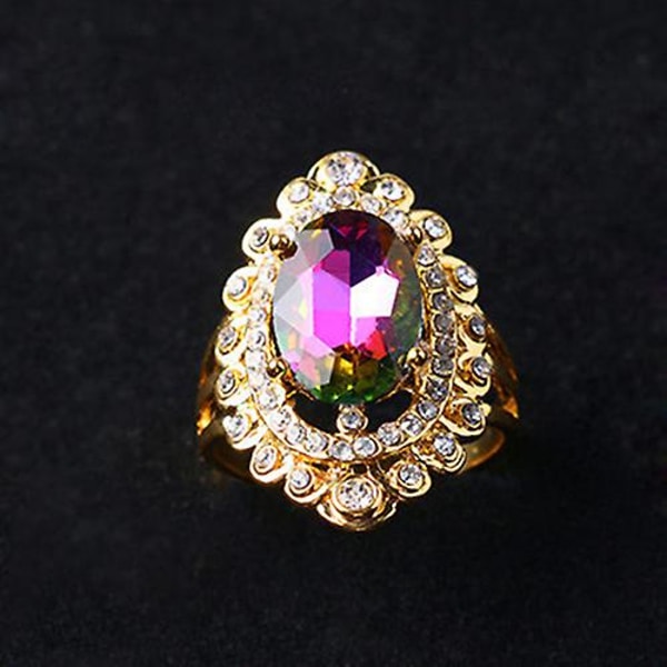 Kvinnor Regnbågsfärg Big Ellips Glas Strass Hollow Party Ring presentsmycken 19mm