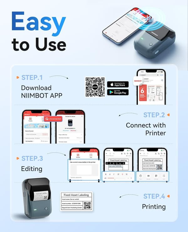 B1 Bluetooth Label Maker with Waterproof Tape, Versatile App with 60 Fonts and 1600 Icons, Sticker Label Printer, Compatible with iOS Blu