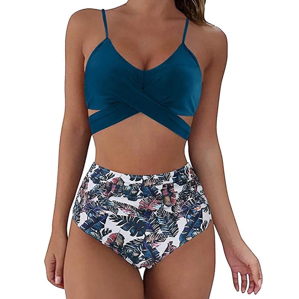 Kvinnor Blommig High Waist Bikini Set Sommar Sexiga Badkläder Blue M