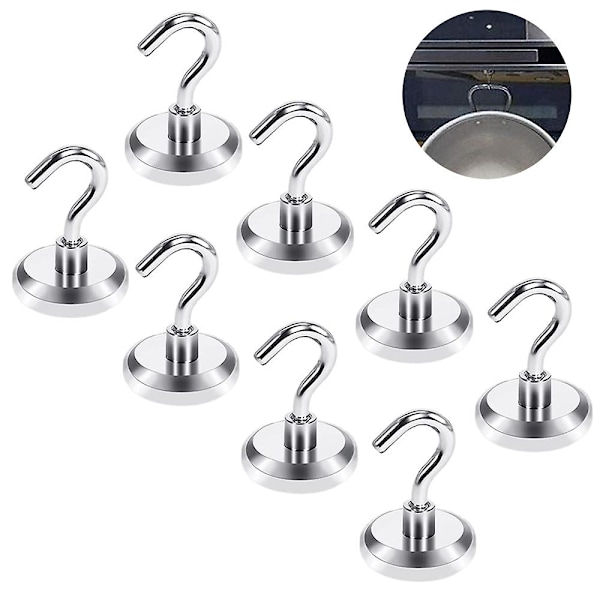 Piao 8 stk magnetkroker Kraftig, sterk magnet med krok for kjøleskap, super neodym for oppheng, magnetisk oppheng for verktøykasse, cruise, grill, frakk Silver Maximum pulling force 25KG