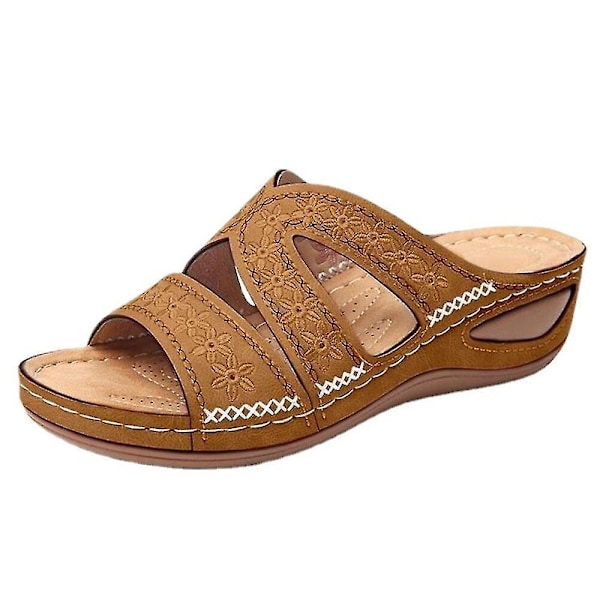 Kvinner Floral Fish Toe Wedge Sandaler Fritidssko Brown 41