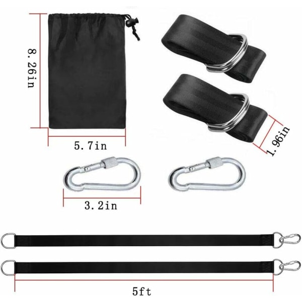 2 sett med 1,5 m * 2 svarte stropper (inkludert 2 karabinkroker) for utendørs polyesterhengekøyer