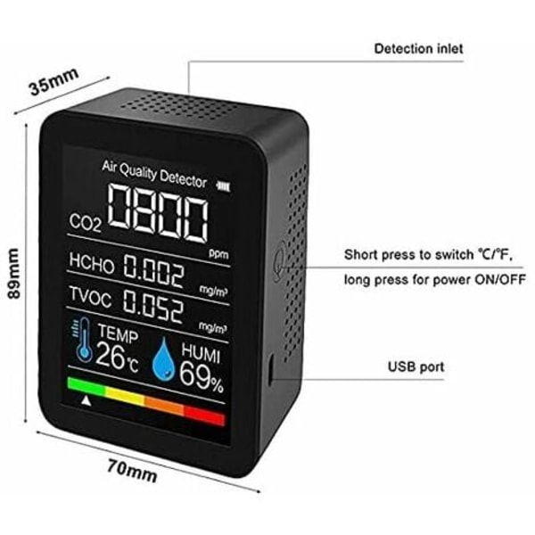 Bærbar luftkvalitetsdetektor CO2-måler Digital temperaturmåling Fugtighedstester CO2-detektor TVOC Formaldehyd H