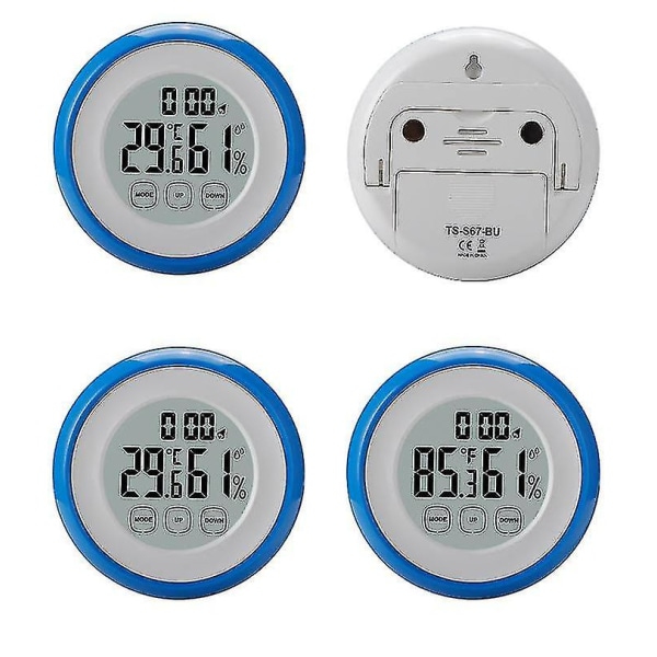 Berøringsskærm temperatur luftfugtighedsmåler Rund husholdnings digital skærm indendørs termometer hygrometer Student Desktop Mute ur