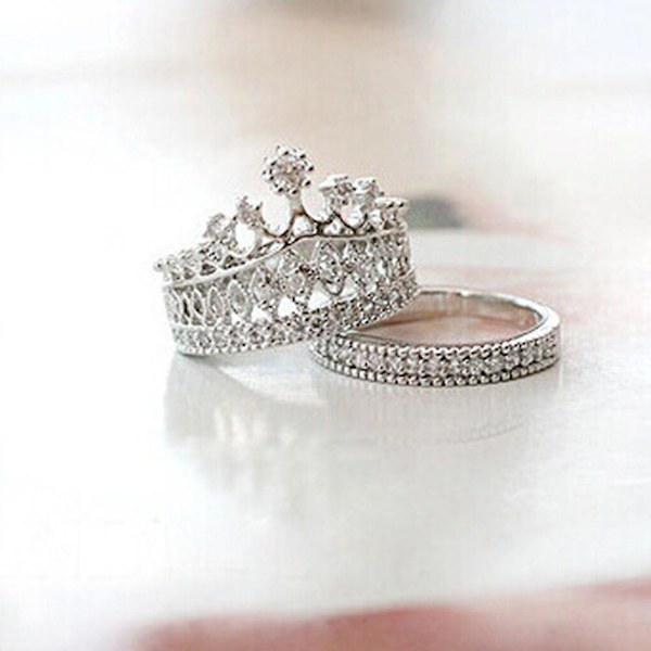 2 stk Kvinder Mode Krone Tiara Ring Indlagt Fuldt Rhinestone Legering smykker Gave Gold CN15