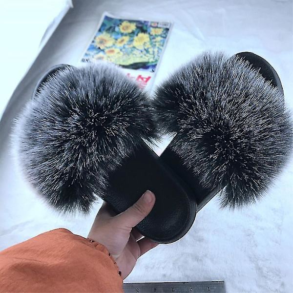 Naisten litteät tekoturkiset Fluffy Sliders Tossut Sandaalit Black Frost 36-37