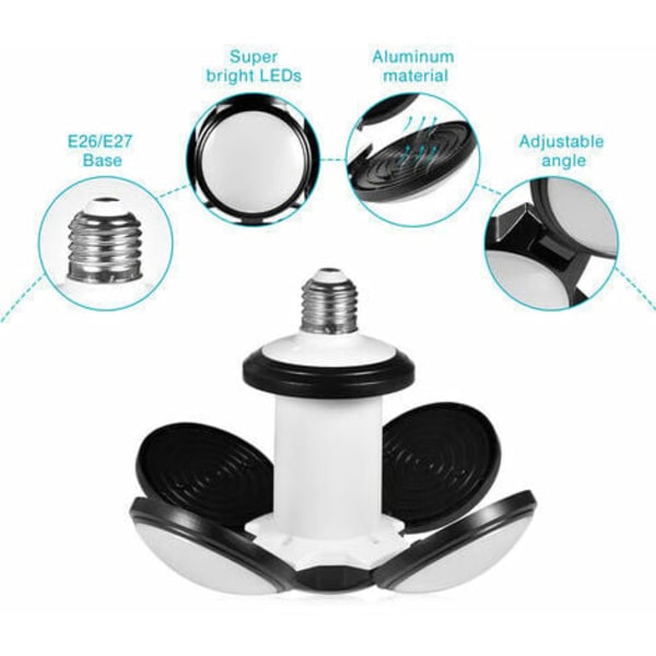 4 pakke garasjelys, 60W LED garasjelys E27 E26 Deformerbar 4-panels justerbar supersterk LED-taklampe for Gara