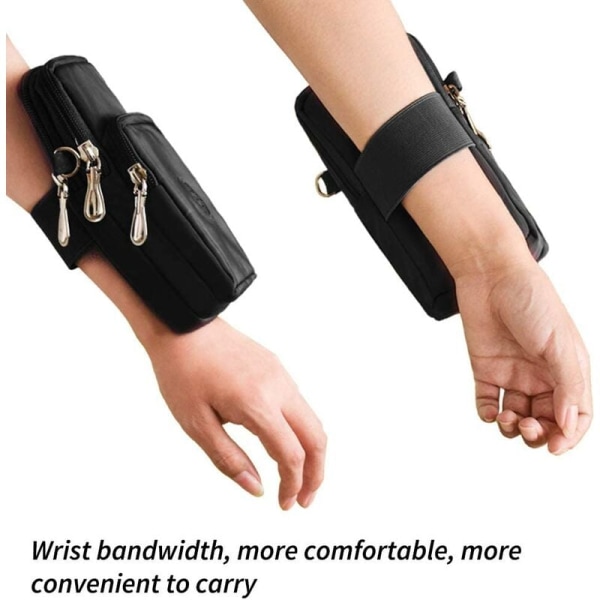 Multifunksjonell 3-lags vanntett nylon håndleddsveske Glidelås Telefonveske Armbåndveske Crossbody skulderveske (svart)