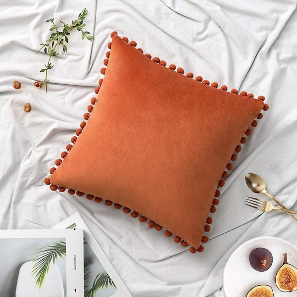 Paket med 2 Sammets-kuddfodral Pompom Dekorativa örngott Solida mjuka kuddfodral Med Poms Fyrkantig För Soffa Soffa Sovrum Bil 18x18tum Da 16 x16 Orange