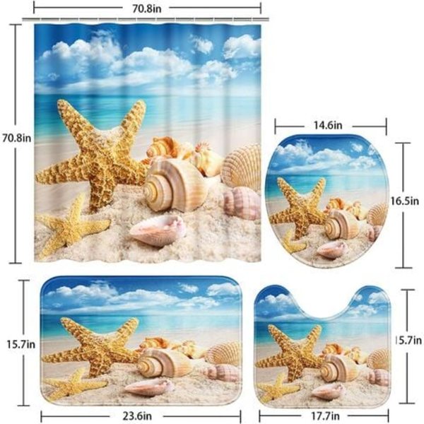 Sett med 4 sjøstjerner Seashells Beach Blue Sky Ocean Ferie dusjgardiner med sklisikre tepper Toalettlokk og badematte flaggermus