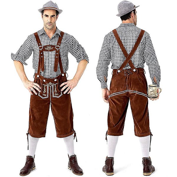 (Skjorta+byxor+hatt) Oktoberfest Beer Man Lederhosen kostym Halloween Bayersk karnevalsfest Deluxe Cosplay Outfit Set B2 pants shirt Hat L