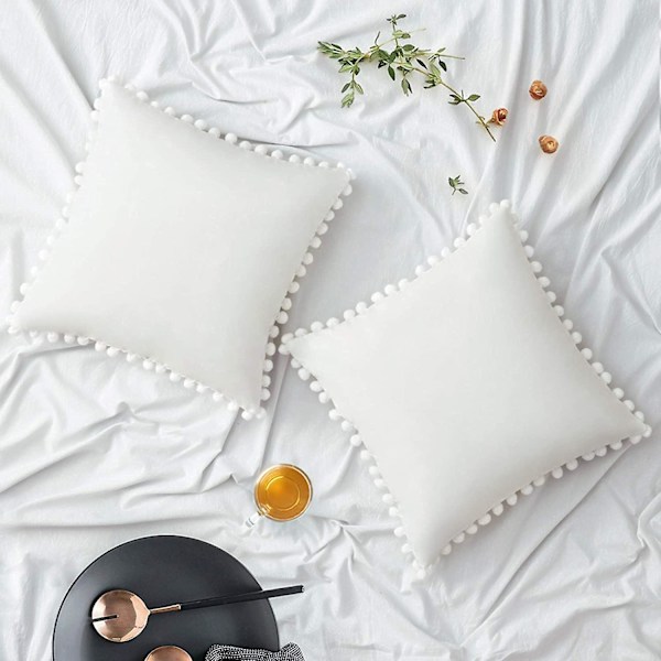 Paket med 2 Sammets-kuddfodral Pompom Dekorativa örngott Solida mjuka kuddfodral Med Poms Fyrkantig För Soffa Soffa Sovrum Bil 18x18tum Da 20 x20 Pure White