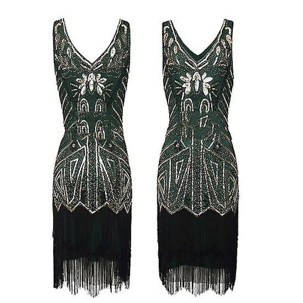 1920'erne Vintage Kvinder Kjole Paillet Beaded Tassels Festkjole XL Green