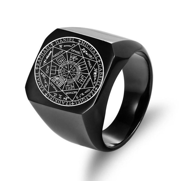 Seglen af ​​de syv ærkeengle ringe beskyttelse amulet segl Solomon Kabbalah herre gaver i rustfrit stål poleret bånd Black