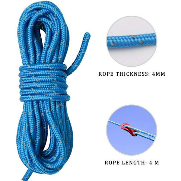 Blå 4m x 4 mesh väska utomhus camping tält rep 4 mm tjockt rep reflekterande rep set