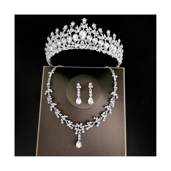 Bryllup brude tiaraer kronesett med øredobber sett og halslakk Håndlaget luksus krystall hårtilbehør Silver