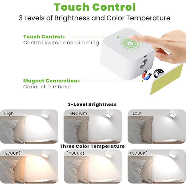 Indendørs væglampe, 3 lysstyrkeniveauer 3 temperaturniveauer LED Touch-væglampe, 360° drejelig væglampe, vægmontering