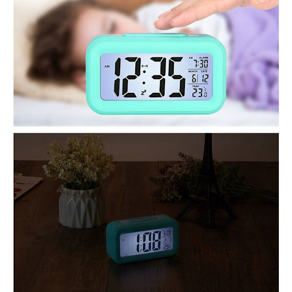 Blå multifunktions digital väckarklocka, smart LED-ljusklocka, evig temperaturkalender, ljuskänslig tystnad på natten