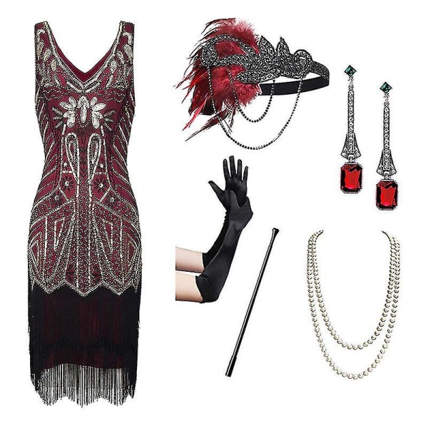 1920'erne Vintage Kvinder Kjole Paillet Beaded Tassels Festkjole M Red