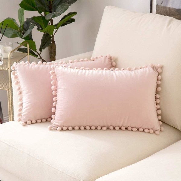 Pakke med 2 fløjlspudebetræk Pompom dekorative pudebetræk Solid blødt pudebetræk med poms Firkantet til sofa Sofa Soveværelse Bil 18x18inch Da 12 x20 Pink