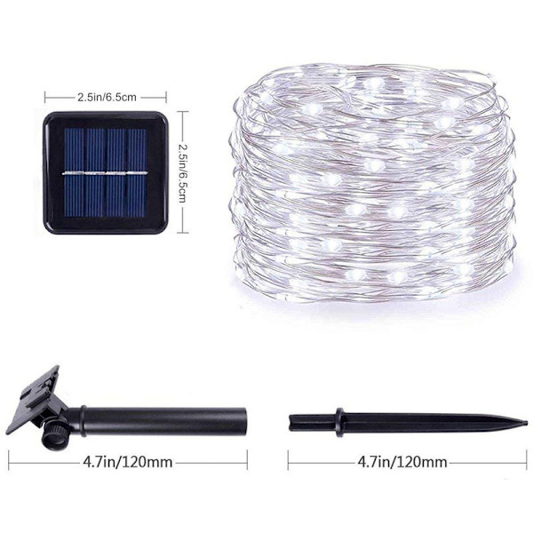 12 meter 100 lampor 8 funktioner vitt ljus 200 LED-soldrivna koppartrådslampor utomhus vattentät trädgård L