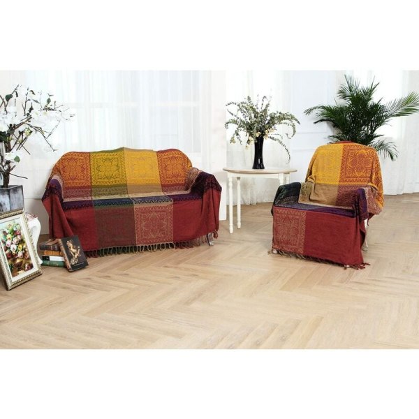Chenille Jacquard -tupsut -huopa sohva tuolin cover pöytäliina - värikäs heimokuvio (86 tuumaa x 102 tuumaa)