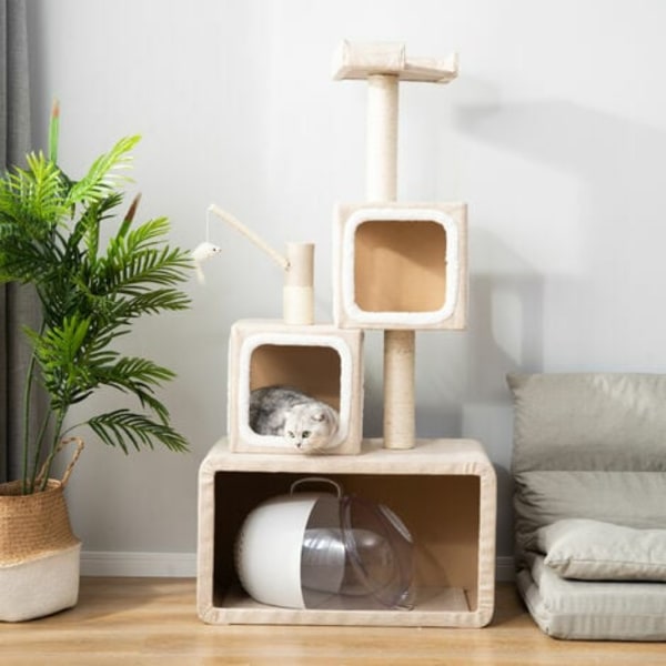 Cat Tree 140 cm Kartokner skrapstolpe med spelrep + hörnskrapstolpe med spelrep, vit/beige