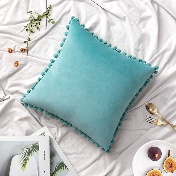 Paket med 2 Sammets-kuddfodral Pompom Dekorativa örngott Solida mjuka kuddfodral Med Poms Fyrkantig För Soffa Soffa Sovrum Bil 18x18tum Da 22 x22 Teal Green