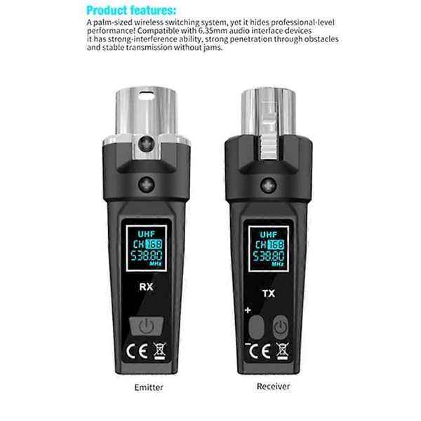 UHF trådløs mikrofonkonverteradapter XLR-sender og -modtager til dynamisk mikrofon, guitar Black