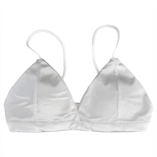 Dambralette i satin, trådlös sovbehå med djup V-ringning, vit