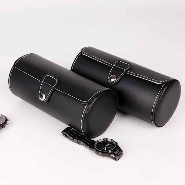 3 sylinterimäinen nahkainen watch säilytyslaatikko 19*9cm (musta)
