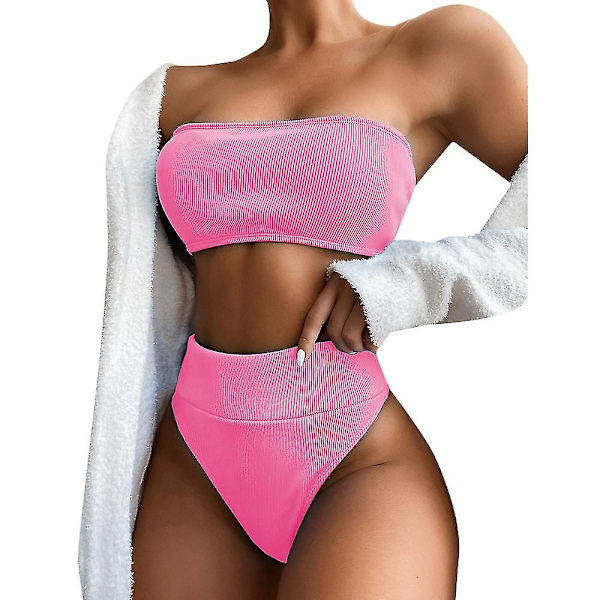 Dam Bandeau hög midja simdräkt Bikini Set Baddräkt Pink M