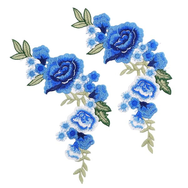 2 st Blå Ros Blommönster Polyester Silke DIY Sömnad Broderi Patch för T-shirts Väskor