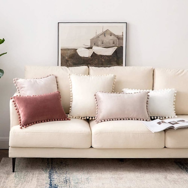 Paket med 2 Sammets-kuddfodral Pompom Dekorativa örngott Solida mjuka kuddfodral Med Poms Fyrkantig För Soffa Soffa Sovrum Bil 18x18tum Da 18 x18 Cream White