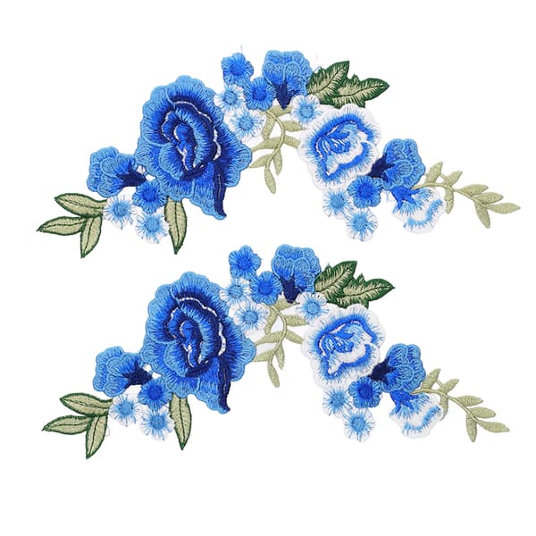 2 st Blå Ros Blommönster Polyester Silke DIY Sömnad Broderi Patch för T-shirts Väskor