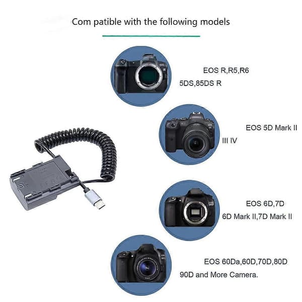 ACK-E6 DR-E6 USB-C-adapter LP-E6 LP-E6N dummybatteri strømforsyningssett for Canon EOS R R5 R6 R7 80D 70D 60D 90D kamera