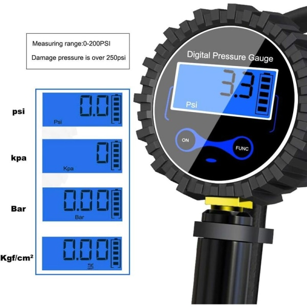 Digital däcktrycksmätare 250 PSI, hög noggrann digital däcktrycksmätare med pumppistol för bilmotorcykelcykel