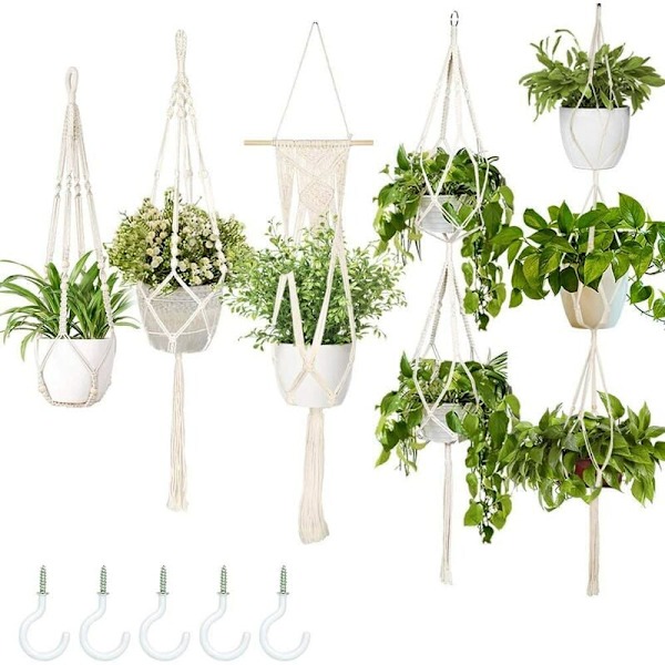 5-pack inomhusväxt makrame hängande blomkrukor + 5 krokar, handgjorda hängande växtställ, dekorativt blomkrukställ för Boho inomhus utomhusdekor (Variou