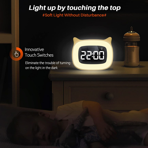 Barnevekkerklokke med dimbart nattlys, søt digital klokke med katteører for gutter og jenter, 5-minutters vekkerklokke, W