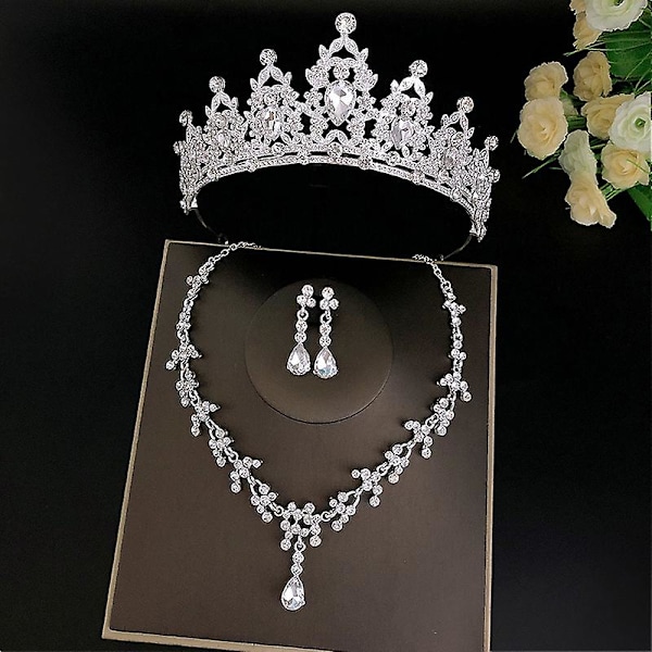 Bröllopsbröllops tiaror Crown Set med örhängen Kit & Necklack Handgjorda lyxiga Crystal hårtillbehör Gold 1