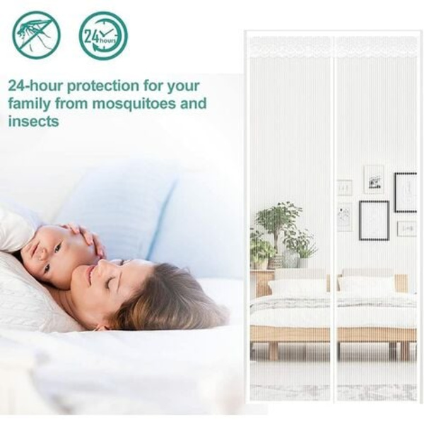 Magnetiskt myggnät för dörr, magnetisk tätning från topp till botten, automatisk stängning, håller frisk luft inuti (80x200 cm, vit