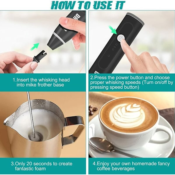 Bærbar mælkeskummer, mini USB genopladelig elektrisk latteskummer, 3 hastigheder, drikkeomrører
