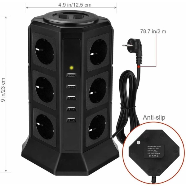 EU musta USB :lla EU 12 bit 3 kerrosta 5 USB porttia Ylikuormitus- ja ylijännitesuoja,