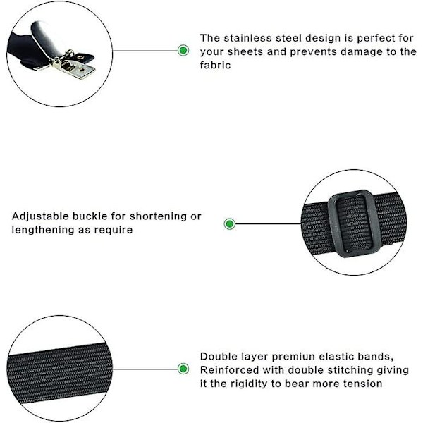 Set med 4 sängtillbehör Justerbar Lakan Bår Elastisk Lakanrem, För Lakan, Soffa, Cover - 30cm Till 120cm, Svart