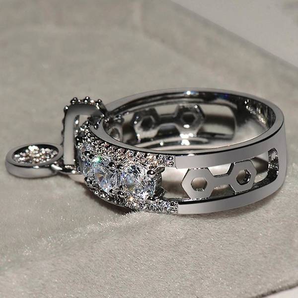 Lyx Kvinnor Cubic Zirconia Inlagd Rund Charm Ring Bröllopsfest Smycken Present Silver US 6