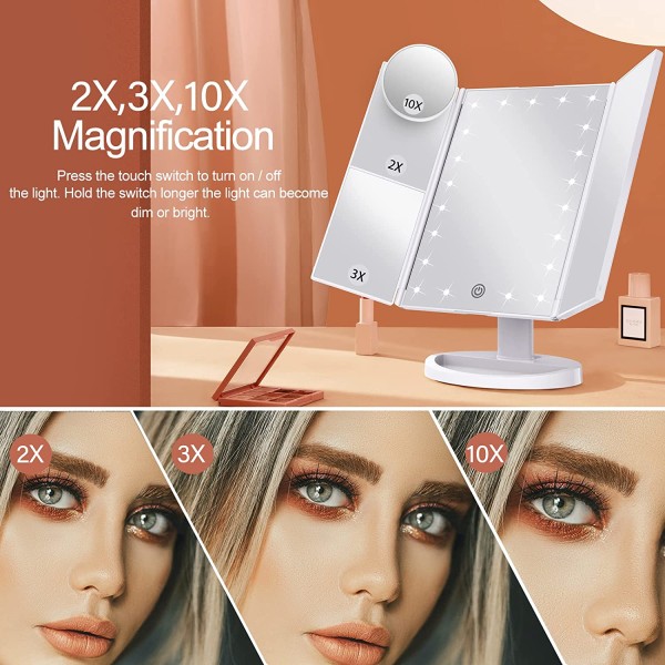 Kosmetisk speil Kosmetisk speil med lys 2X 3X 10X forstørrelse med opplyst kosmetisk speil Trifold Folding Touch Co