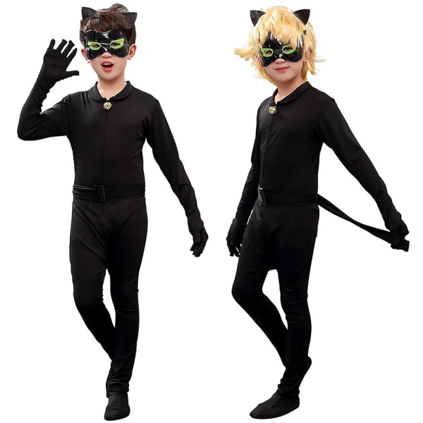 Feriekostume børn Halloween sort kat med hale paryk 150 160cm