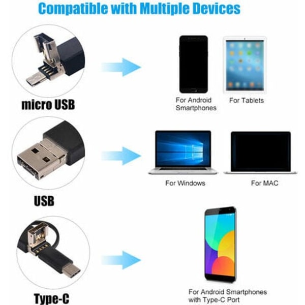 Industriellt endoskop 3-i-1 Inbyggd 6 lysdioder IP67 Vattentät USB Type-C för Android-smartphones/PC, 7 mm sond 1 m flexibel
