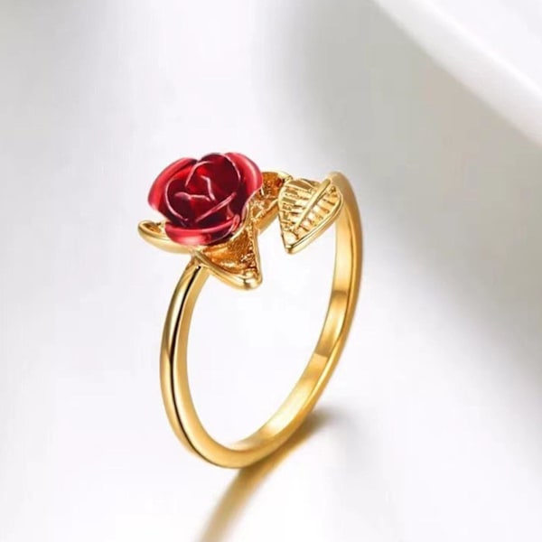 Kvinnor Circlet Röd Rose Öppningsblad Justerbar Kvinnor Ring för Alla hjärtans dag Golden