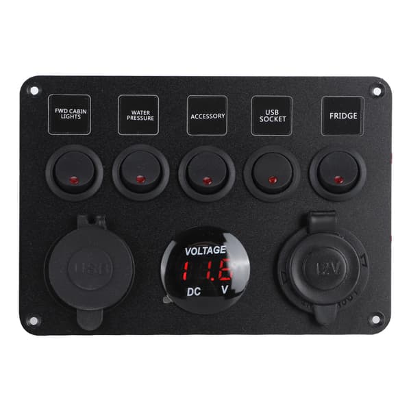 5-veis LED vippebryterpanel med digital voltmeter for bobil, bil, motorbåt